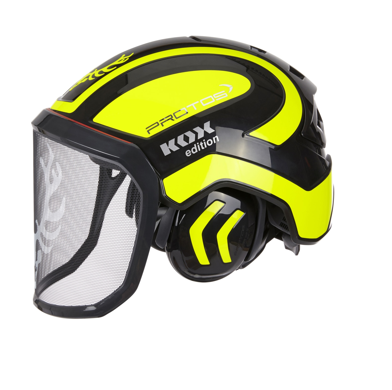 PROTOS bosbouwhelm / veiligheidshelm KOX editie met gehoorbescherming en vizier Integral forest zwart/neon geel one size - bij KOX online bestellen | XX74129