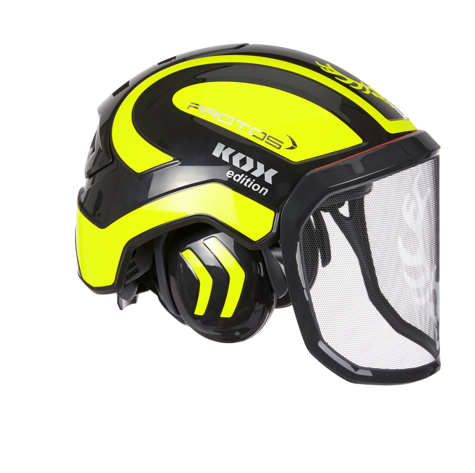 PROTOS bosbouwhelm / veiligheidshelm KOX editie met gehoorbescherming en vizier Integral forest zwart/neon geel one size - bij KOX online bestellen | XX74129