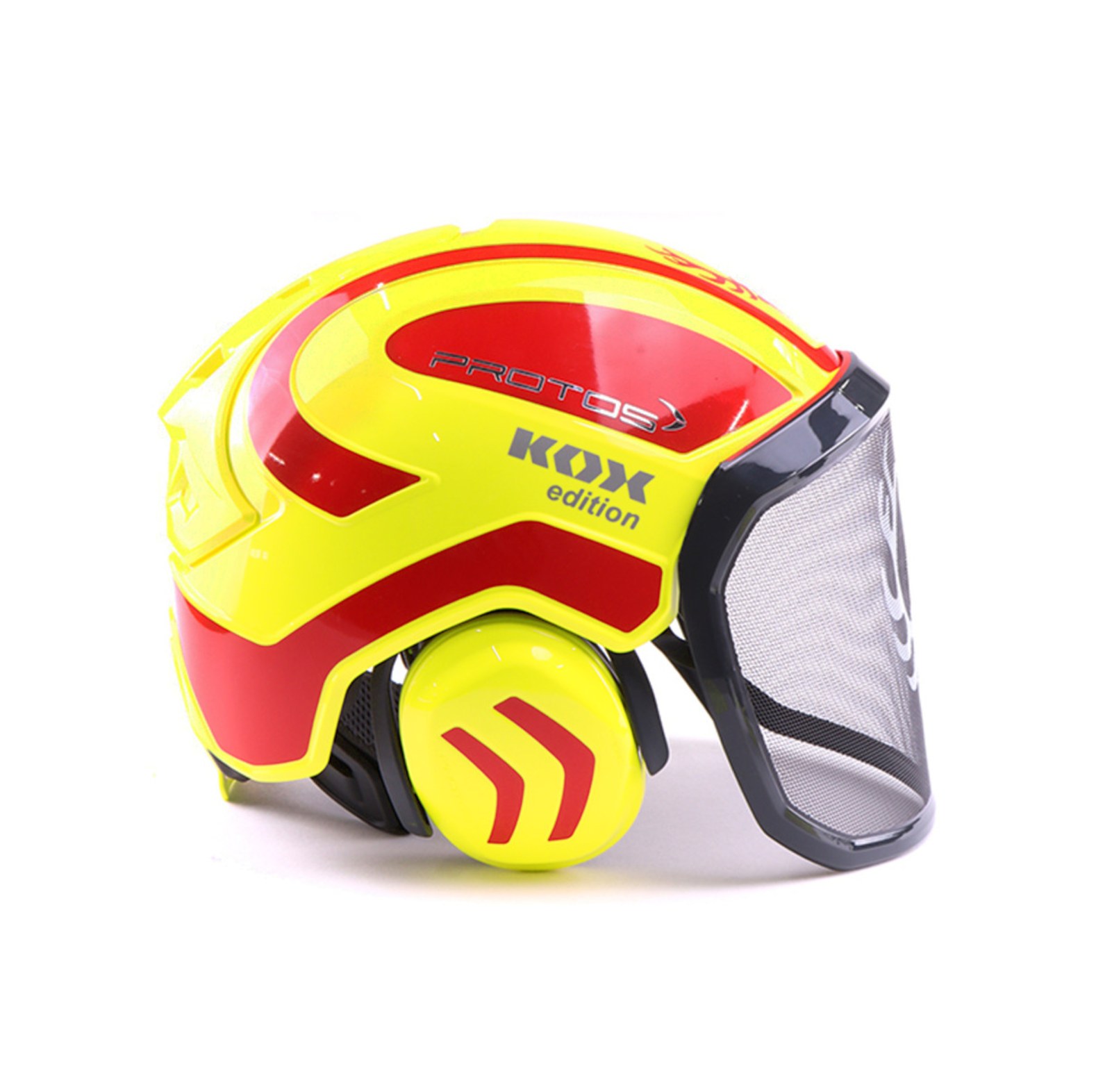 PROTOS bosbouwhelm / veiligheidshelm KOX editie met gehoorbescherming en vizier Integral forest neon geel/rood one size - bij KOX online bestellen | XX74109