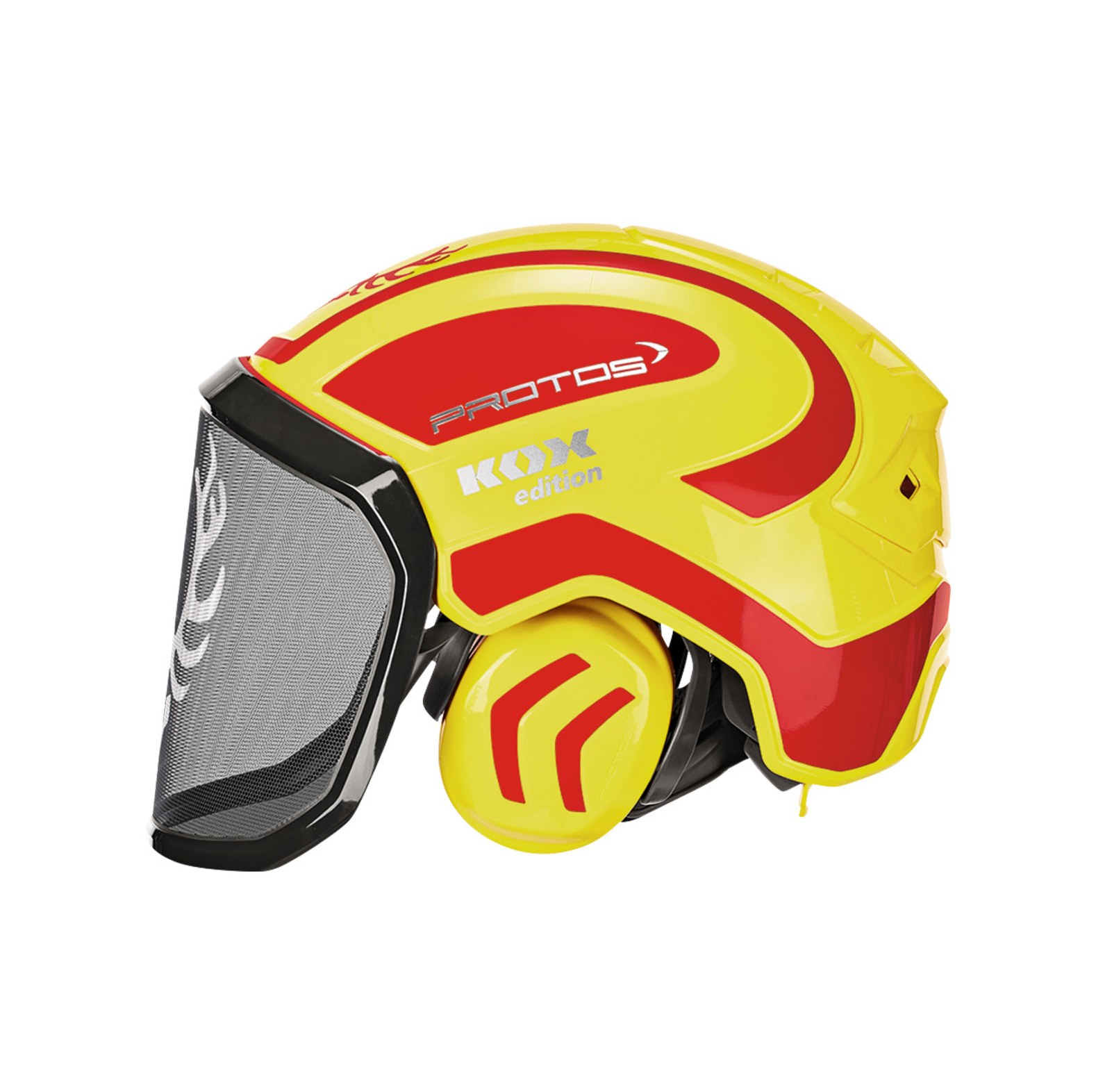 PROTOS bosbouwhelm / veiligheidshelm KOX editie met gehoorbescherming en vizier Integral forest neon geel/rood one size - bij KOX online bestellen | XX74109