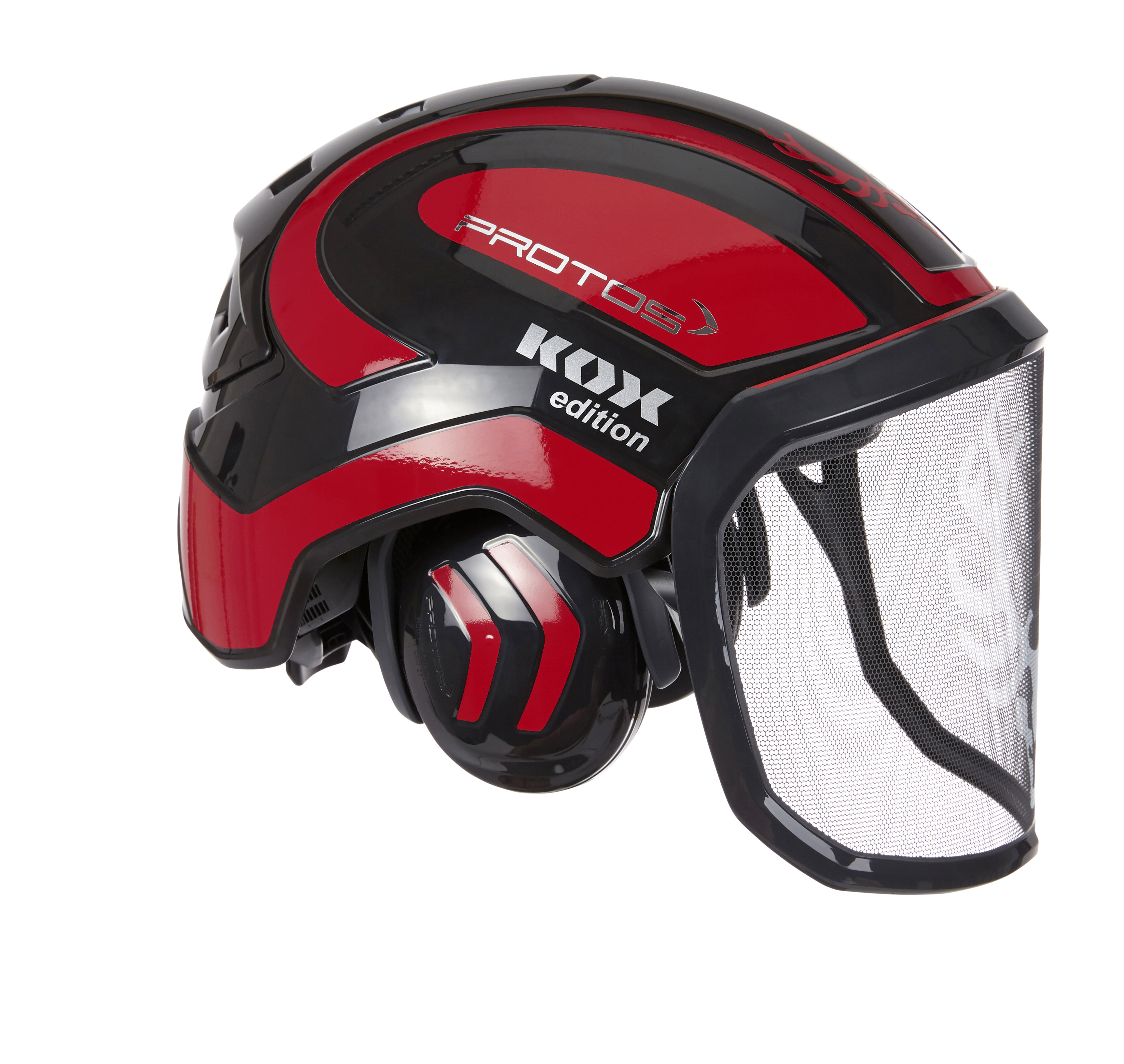 PROTOS Forsthelm / Schutzhelm KOX Edition mit Gehrschutz und Visier Integral Forest  Schwarz/Rot OneSize - bei KOX online bestellen | XX74130