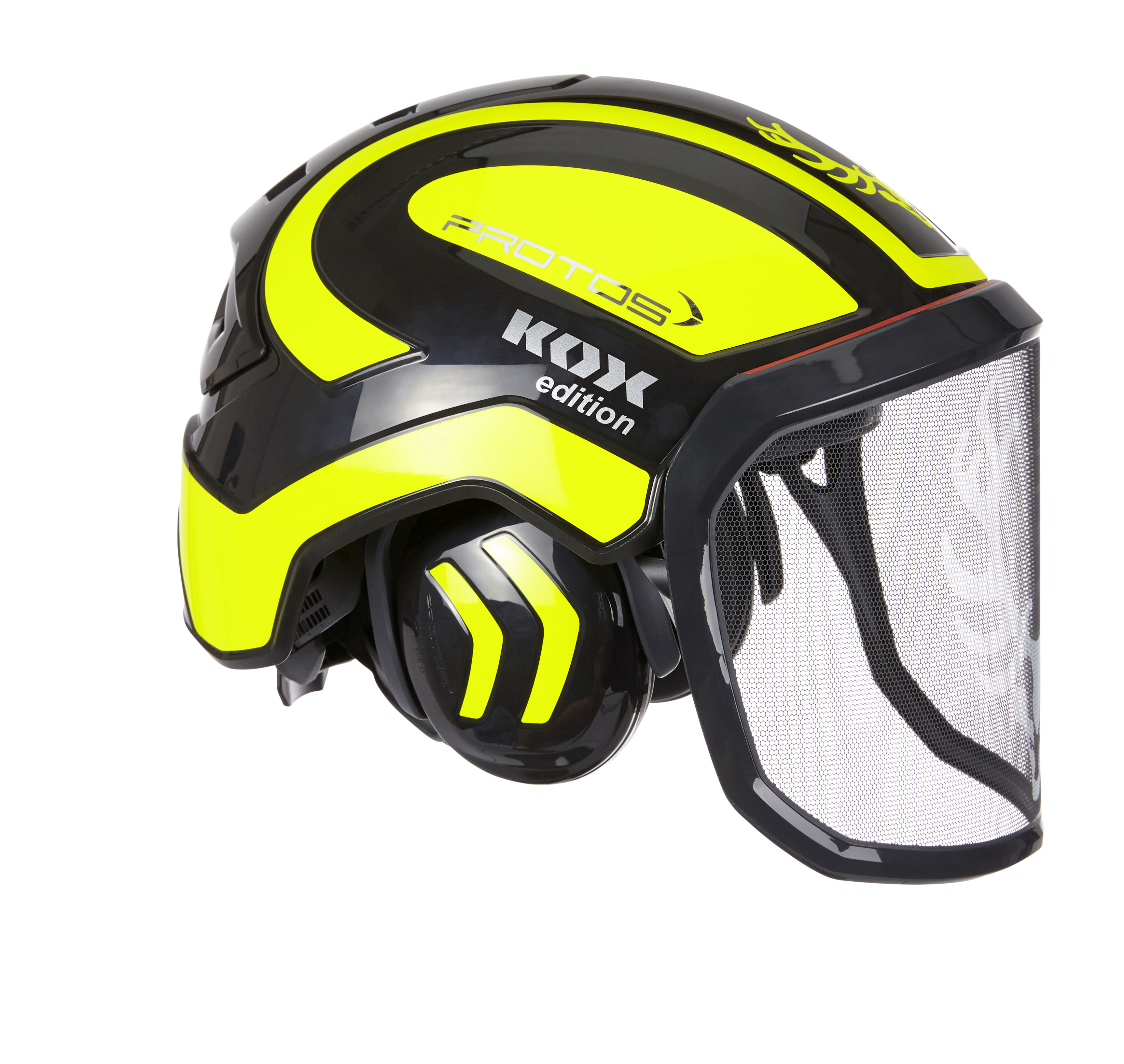 PROTOS bosbouwhelm / veiligheidshelm KOX editie met gehoorbescherming en vizier Integral forest zwart/neon geel one size - bij KOX online bestellen | XX74129